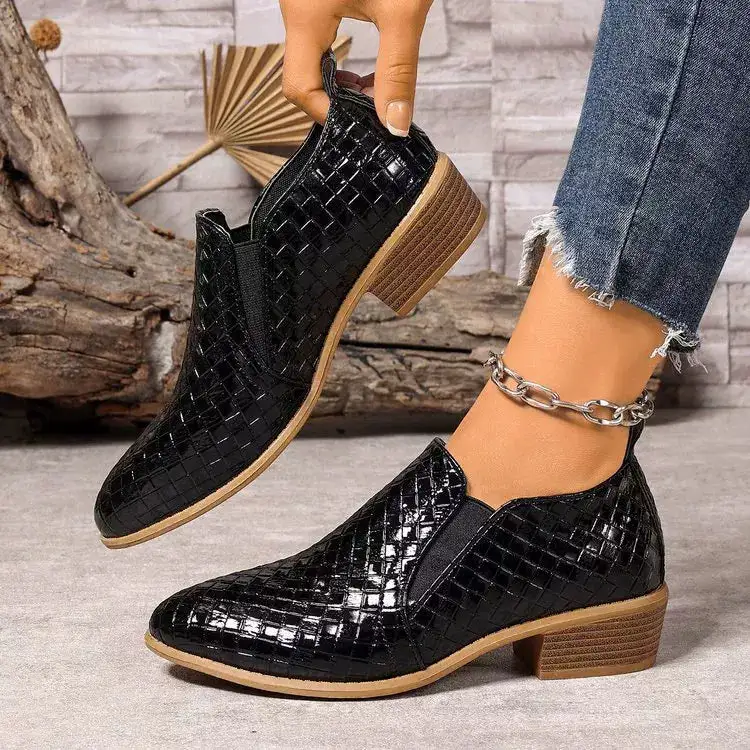 Textured Point Toe Block Heels Ankle Boots