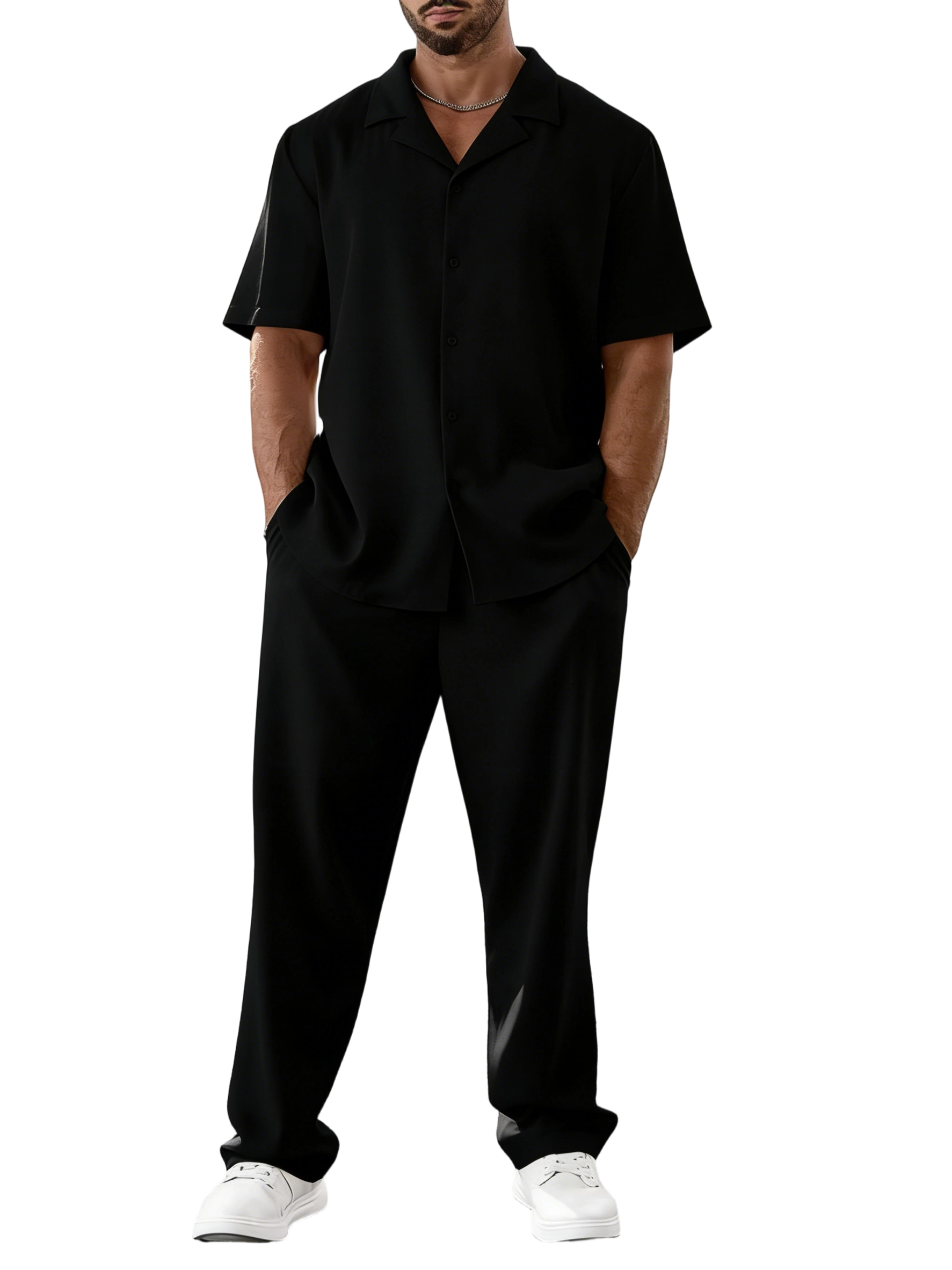 Men's Two-piece Suit Shirt and Elastic Waist Pants Set