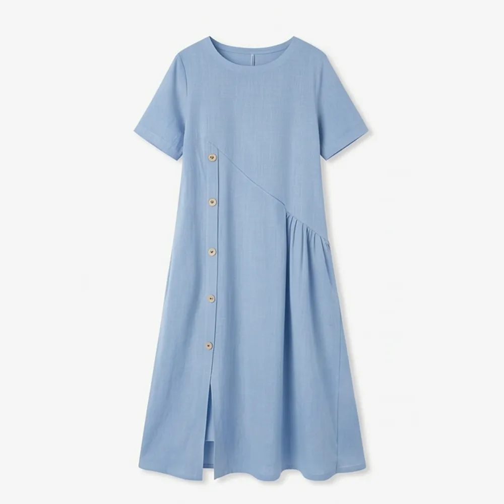 Button Front Linen Blend Cotton Blend Midi Dress