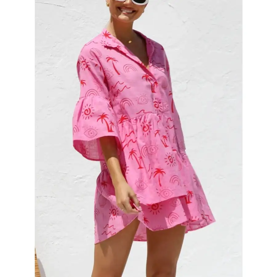 Button Detail Ruffled Hem Printed Mini Dress