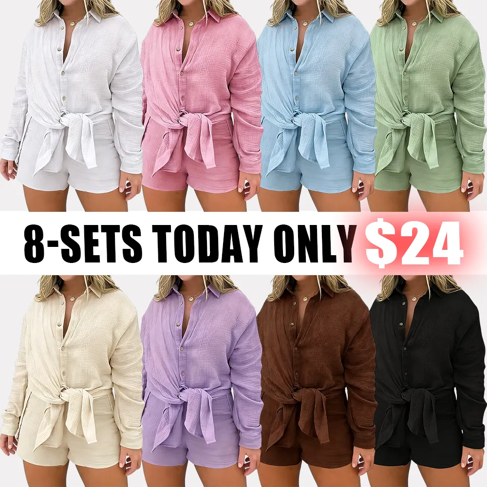 Women 2 Piece Outfits Long Sleeve Blouse and Shorts Sets