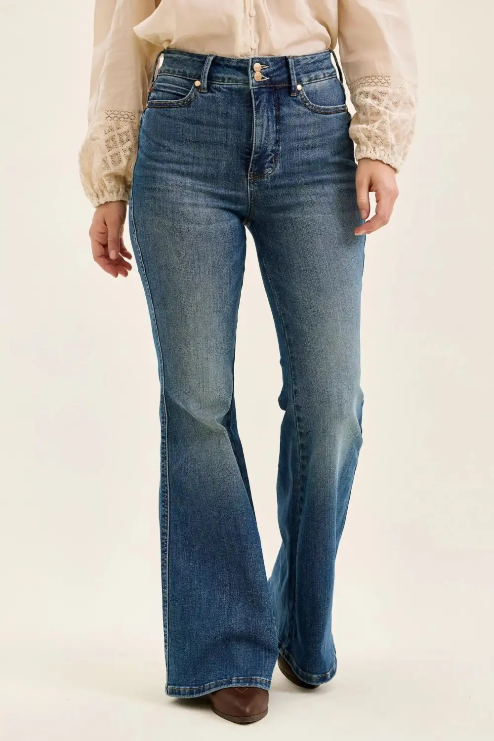 High Waist Flare Leg Button Denim Jeans