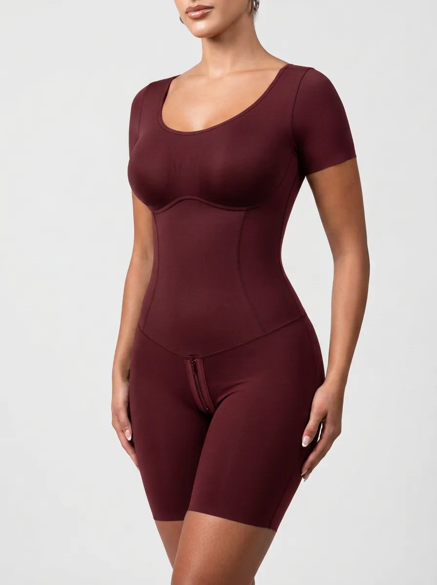 Women's Tummy Control Zippered Short Sleeve Bodysuit Shapewear