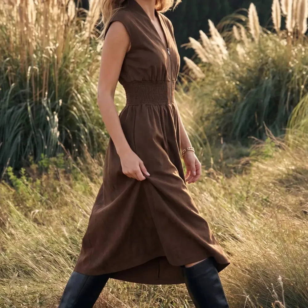 Relaxed Front Zip Twill Suede Dress
