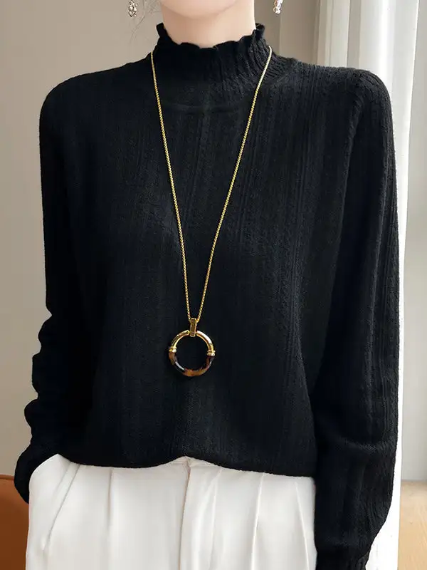 Long Sleeve Relaxed Elasticity Ruffle Trim Mock Neck T-Shirt