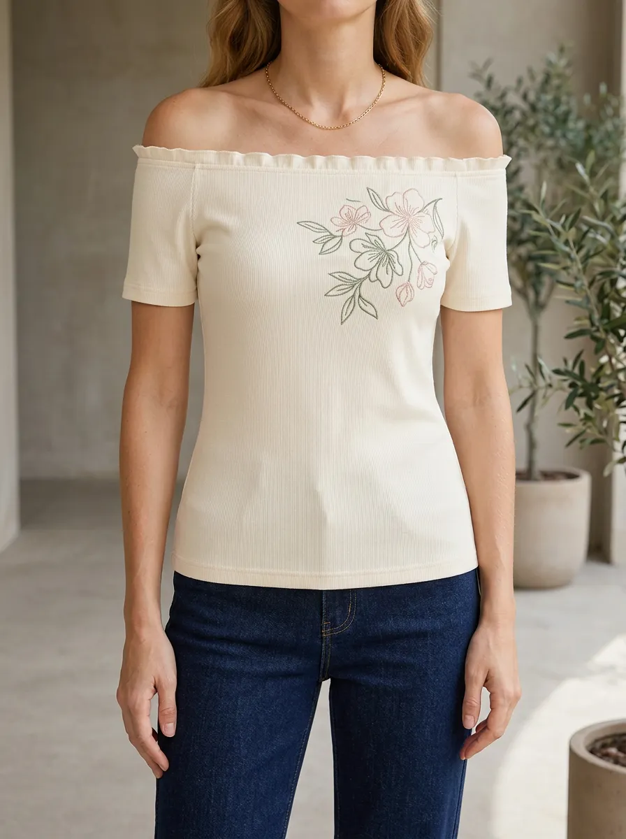 Women's Floral Botanical Print Off-Shoulder Ribbed Top