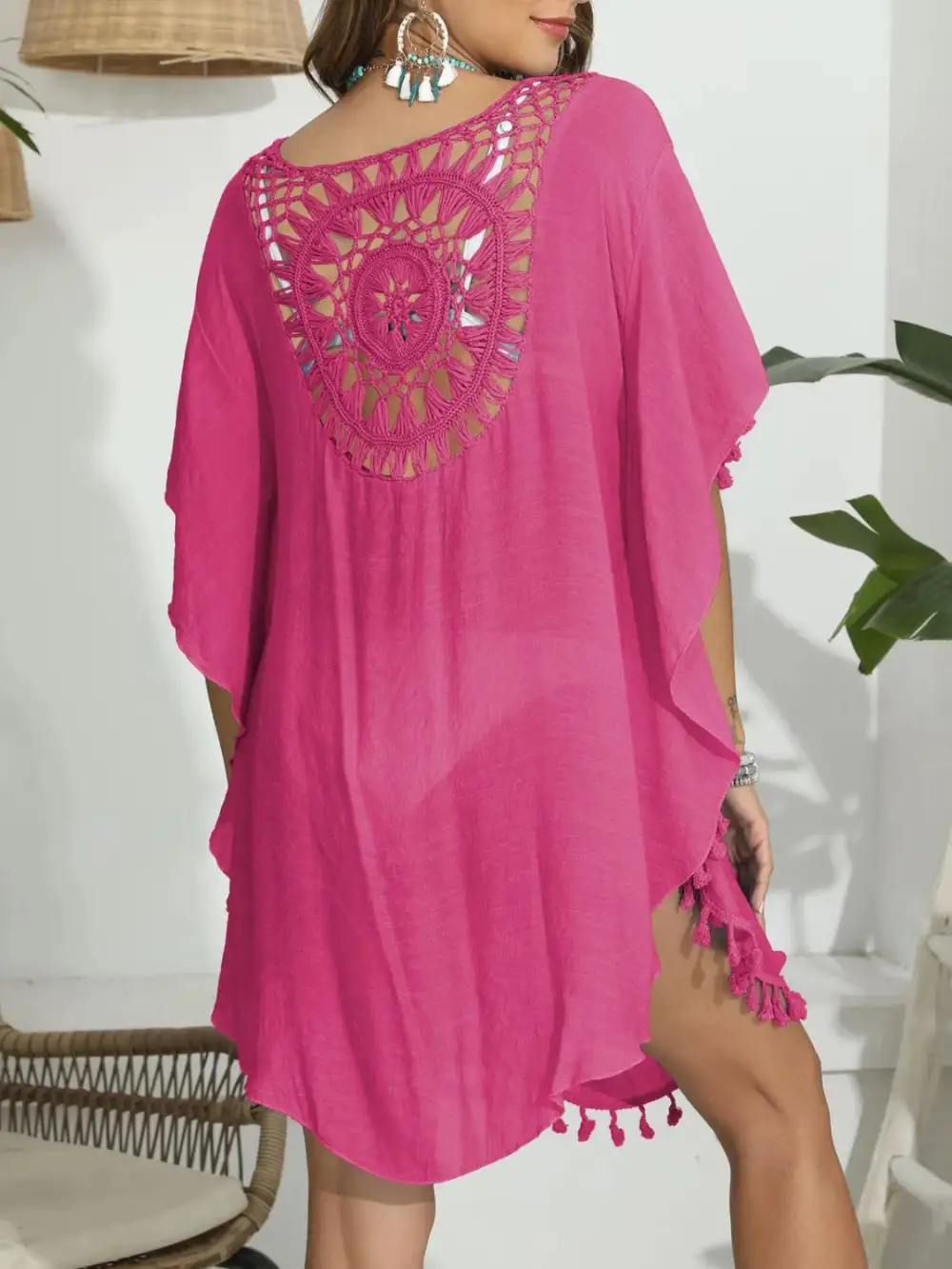 Tassel Crochet Round Neck Swim Cover Up