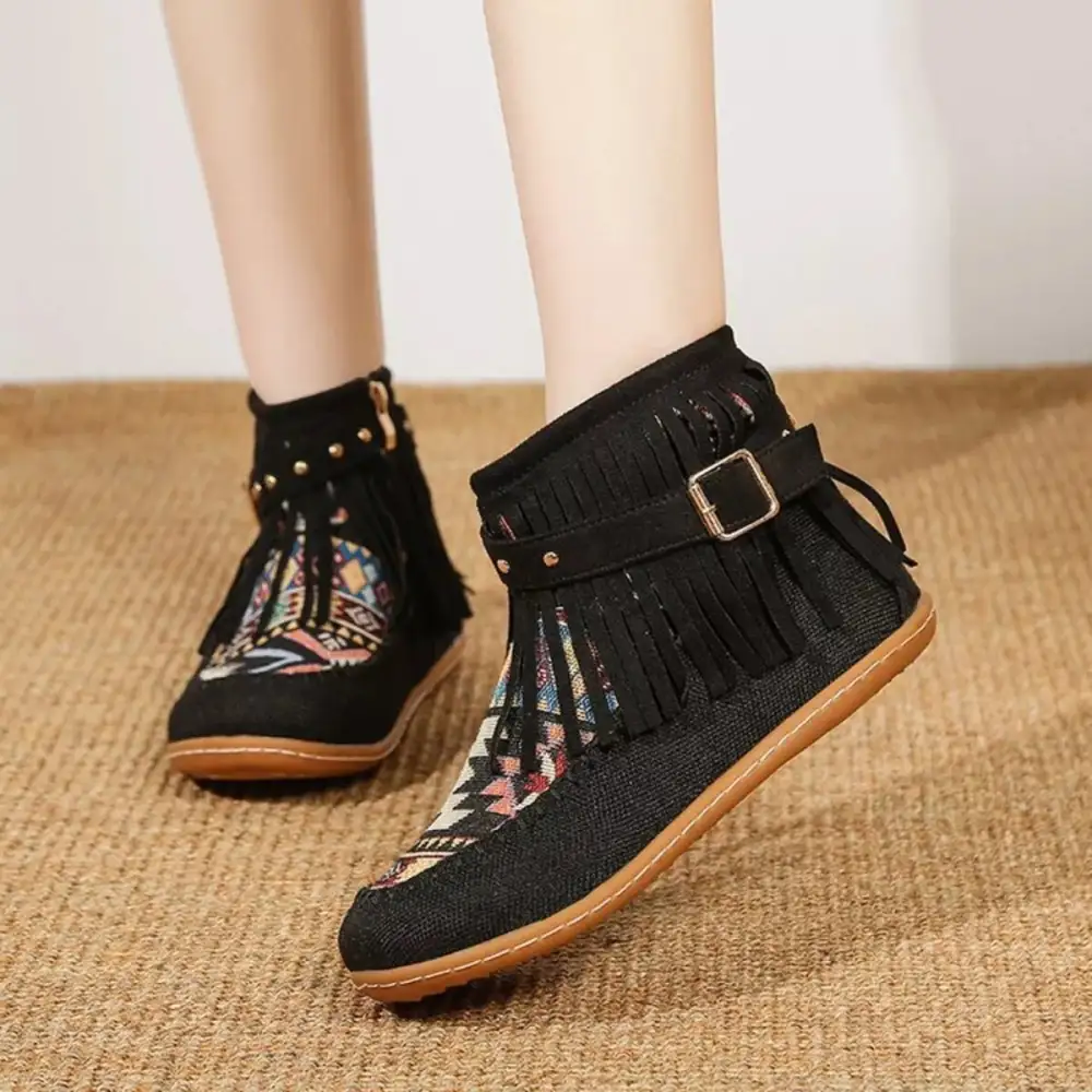 Fringe Side Zipper Ankle Boots