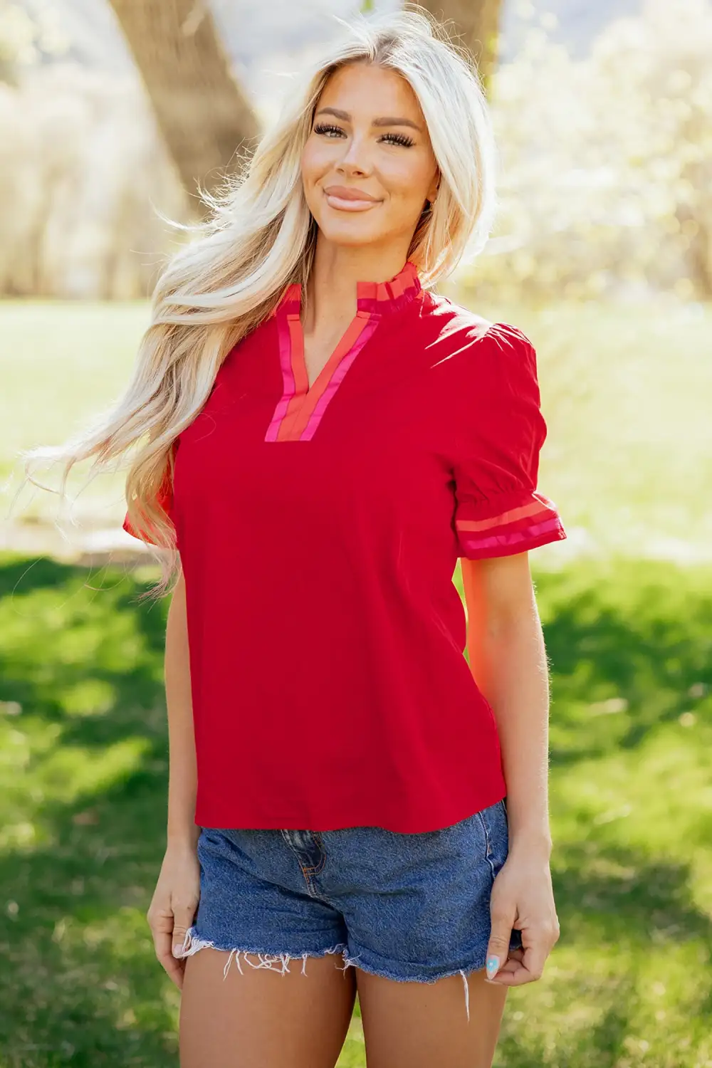 Striped Ruffle Trim Frilled Blouse