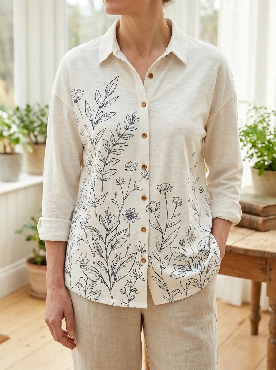 Women's Scenic Botanical Nature Lover Floral Line Art Shirt