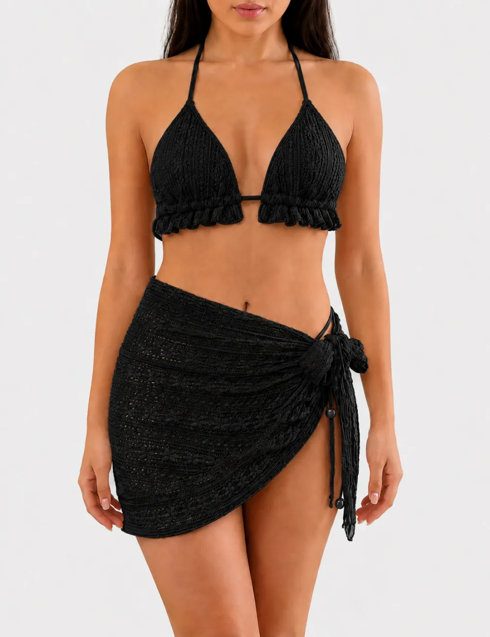 Solid Color Crochet Triangle Bikini Set with Cover Up Skirt