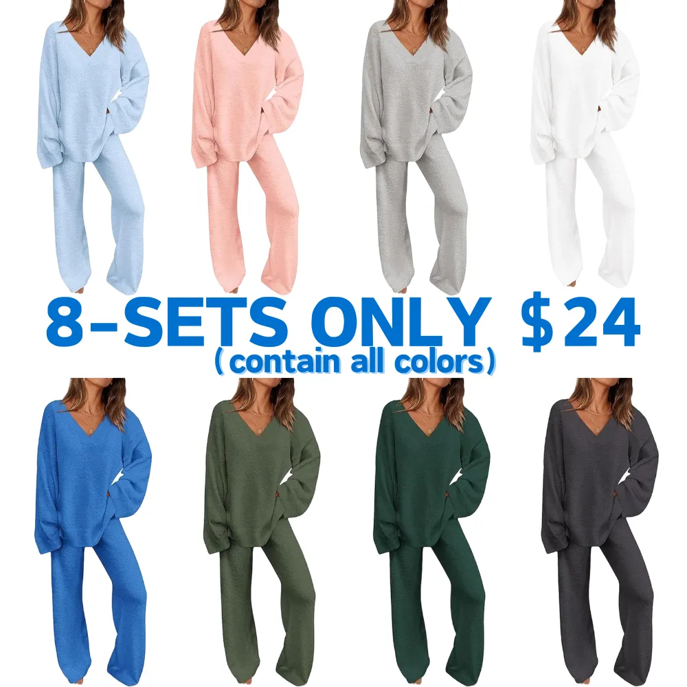 Women's 2-Piece Lounge Set Soft Chunky V Neck Tops& Wide Leg Long