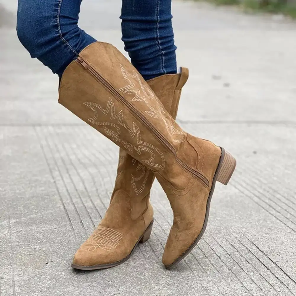 Smocked Point Toe Block Heels Boots