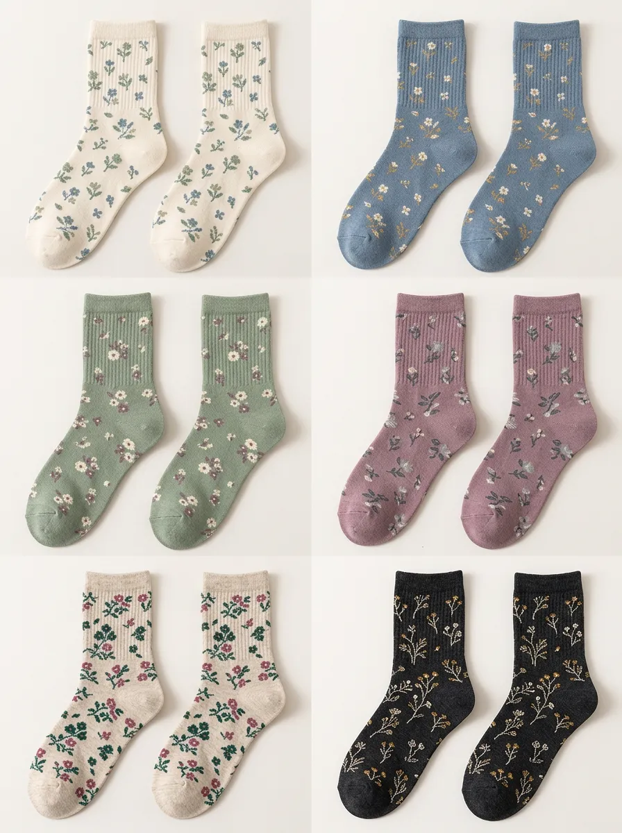 Women's Botanical Floral Ribbed Crew Socks Six Pair Set
