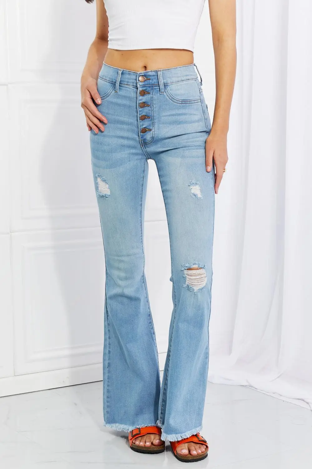 Contoured Flare Leg Button Denim Jeans
