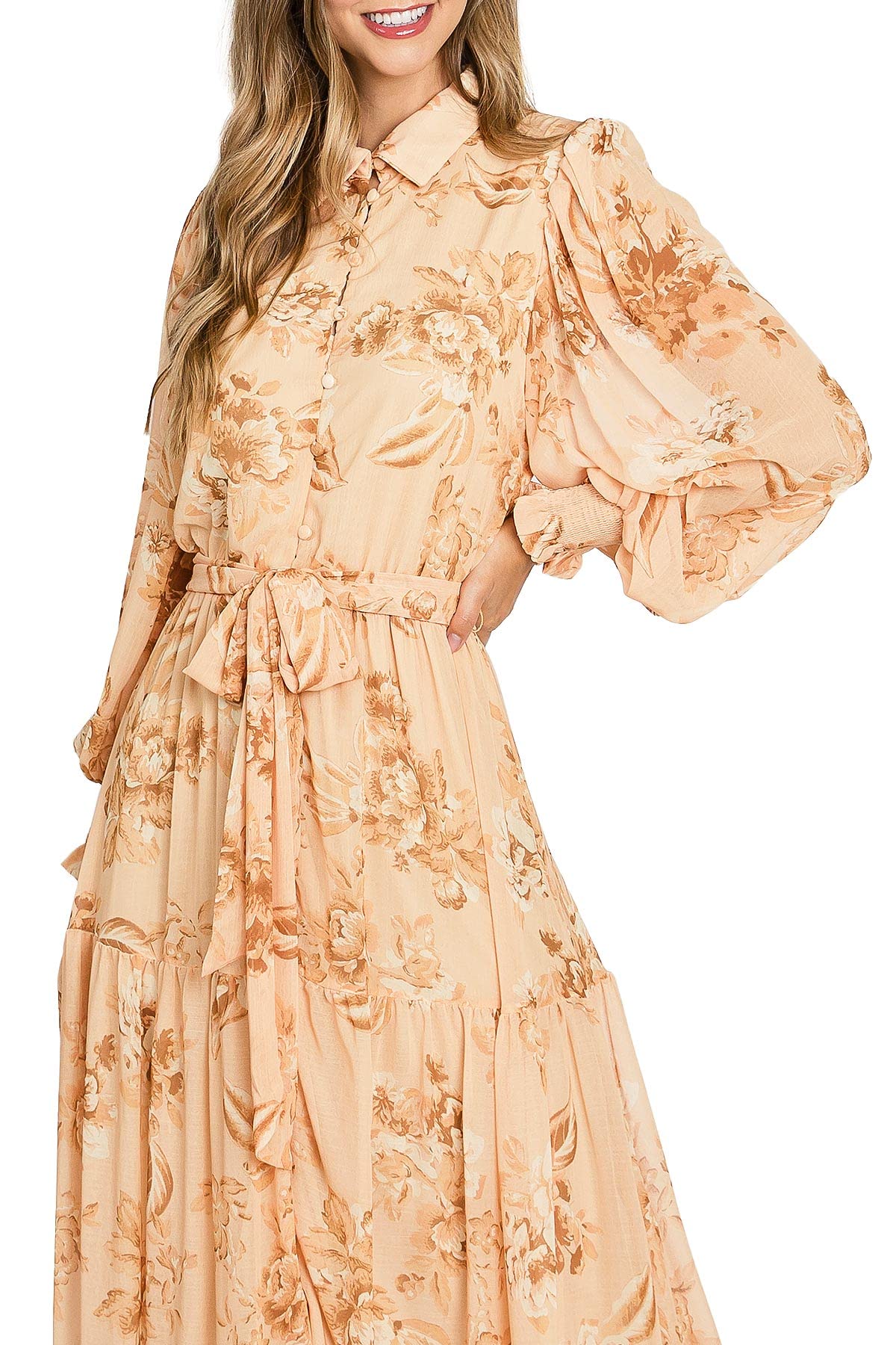 Apricot Floral Long - Sleeve Maxi Dress
