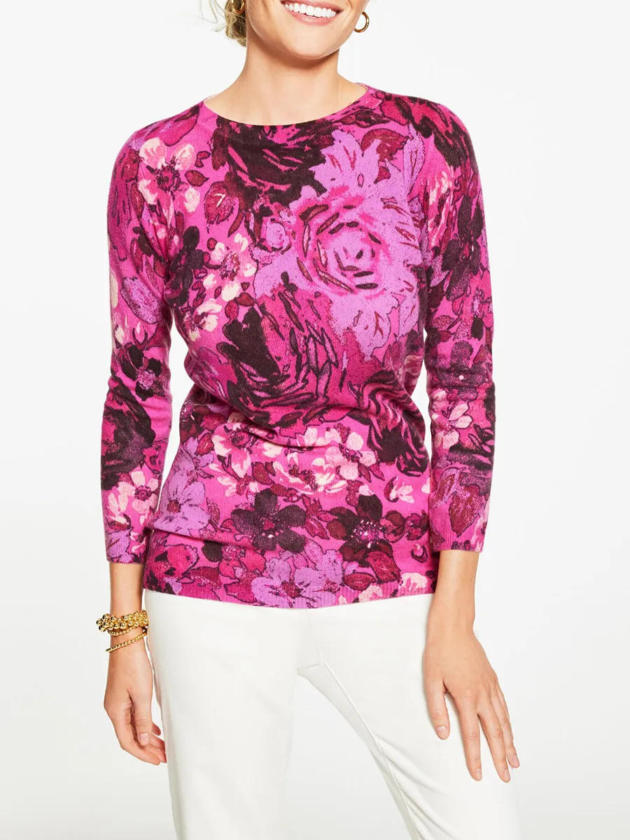 Lady'S Luxurious And Romantic Floral Cashmere Sweater