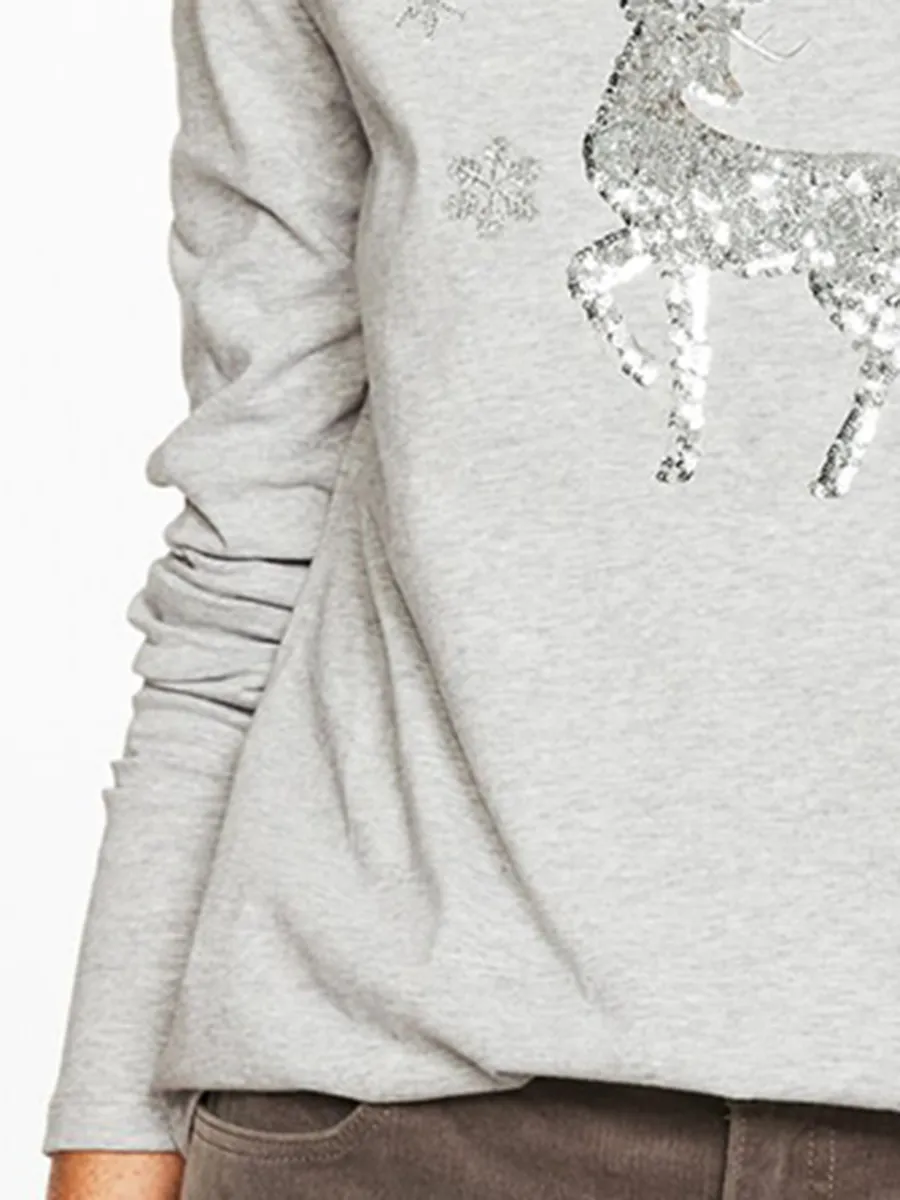 Women'S Sequined Reindeer Pattern Crew Neck Long-Sleeved T-Shirt