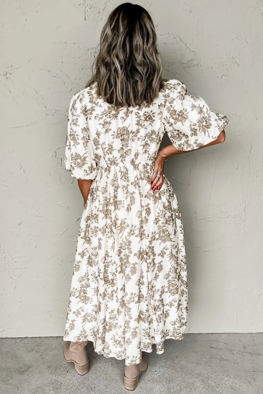 Floral Puff Sleeve V Neck Buttoned Front Maxi Dress