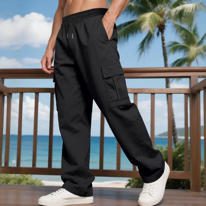 Men's Wide Cargo Pants Waistband Pockets Relaxed Fit