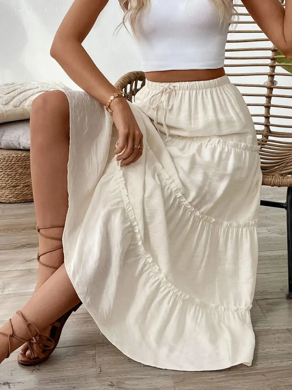 Natural Drawstring Frill Skirt