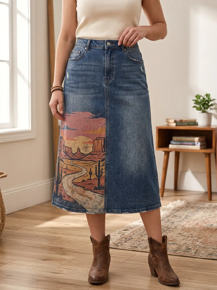 Women's Desert Graphic Denim Midi Skirt