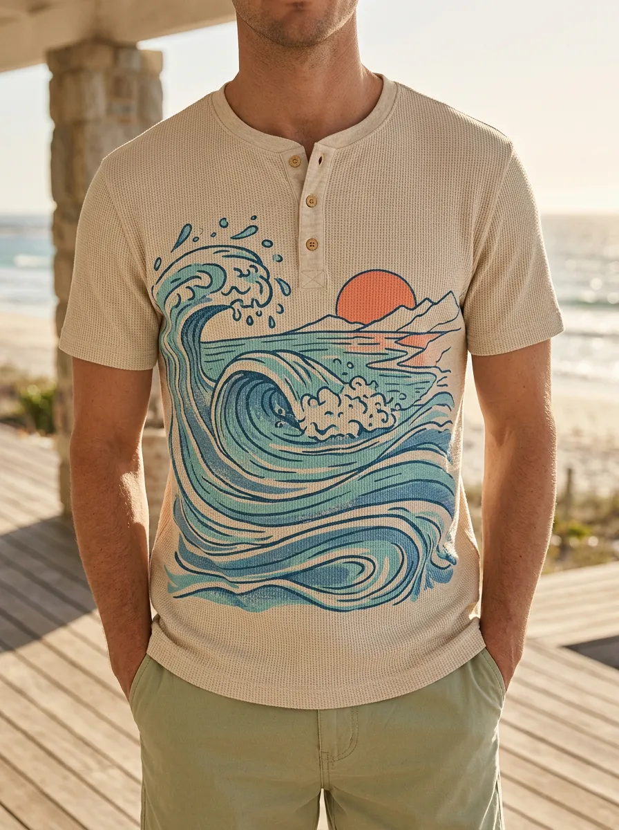 Men's Expressive Beach Lover Ocean Wave Sunset Henley T-Shirt