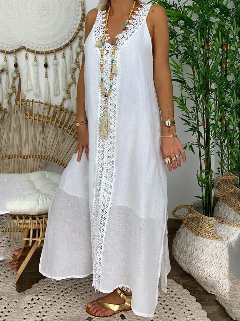 Women's Dresses Casual V-Neck Lace Panel Sleeveless Dress
