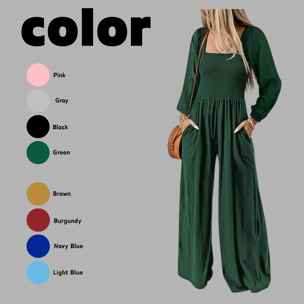 Women's Wide Leg Jumpsuit - Long Sleeve Loose Fit Overalls with Pockets