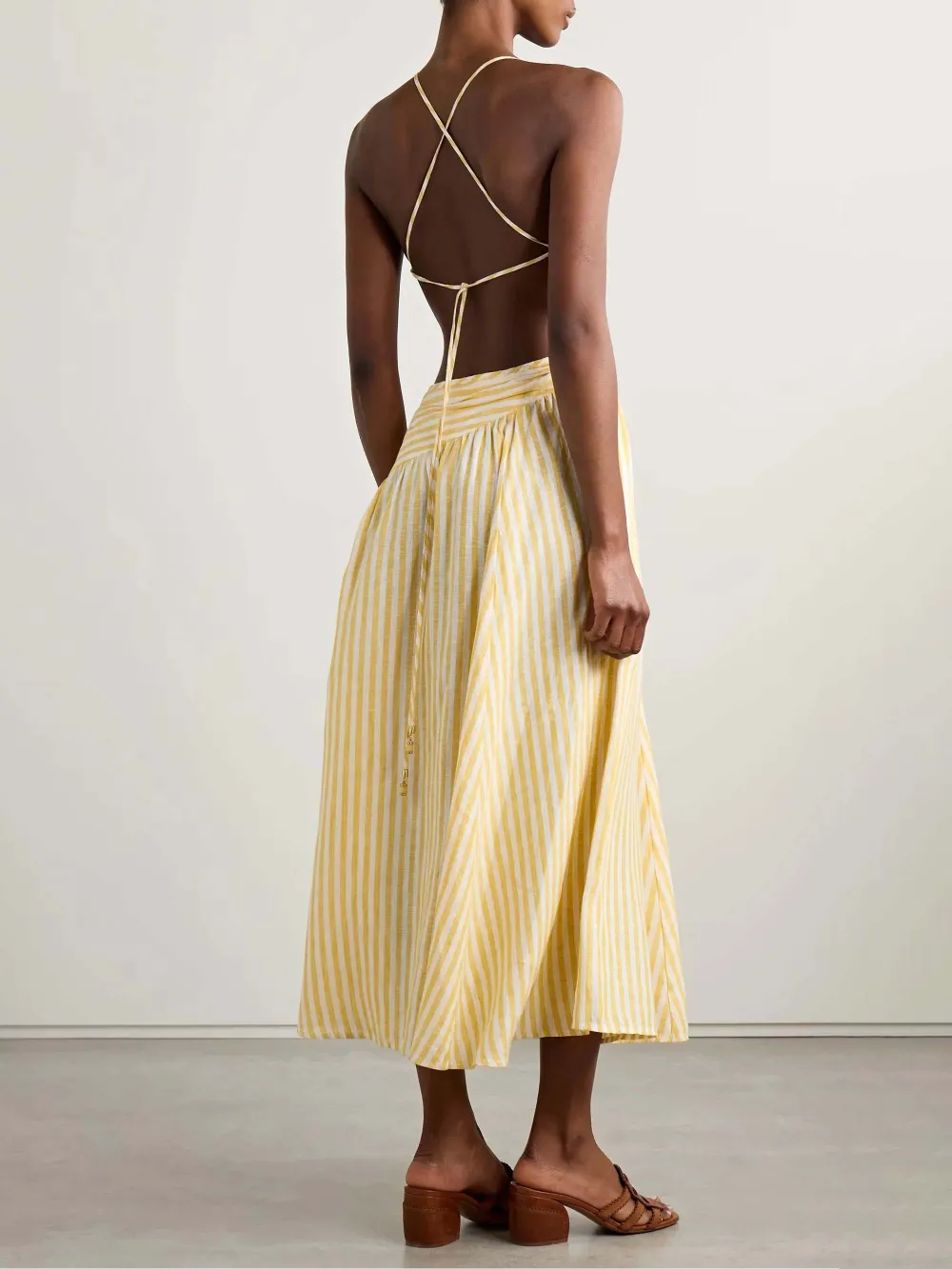 Casual Hollow Pleated Striped Print Midi Dress