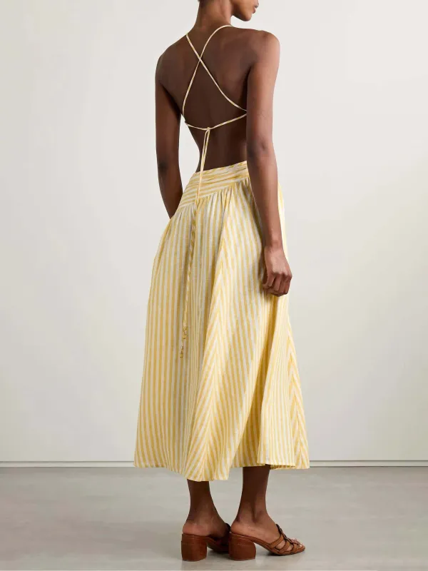 Casual Hollow Pleated Striped Print Midi Dress
