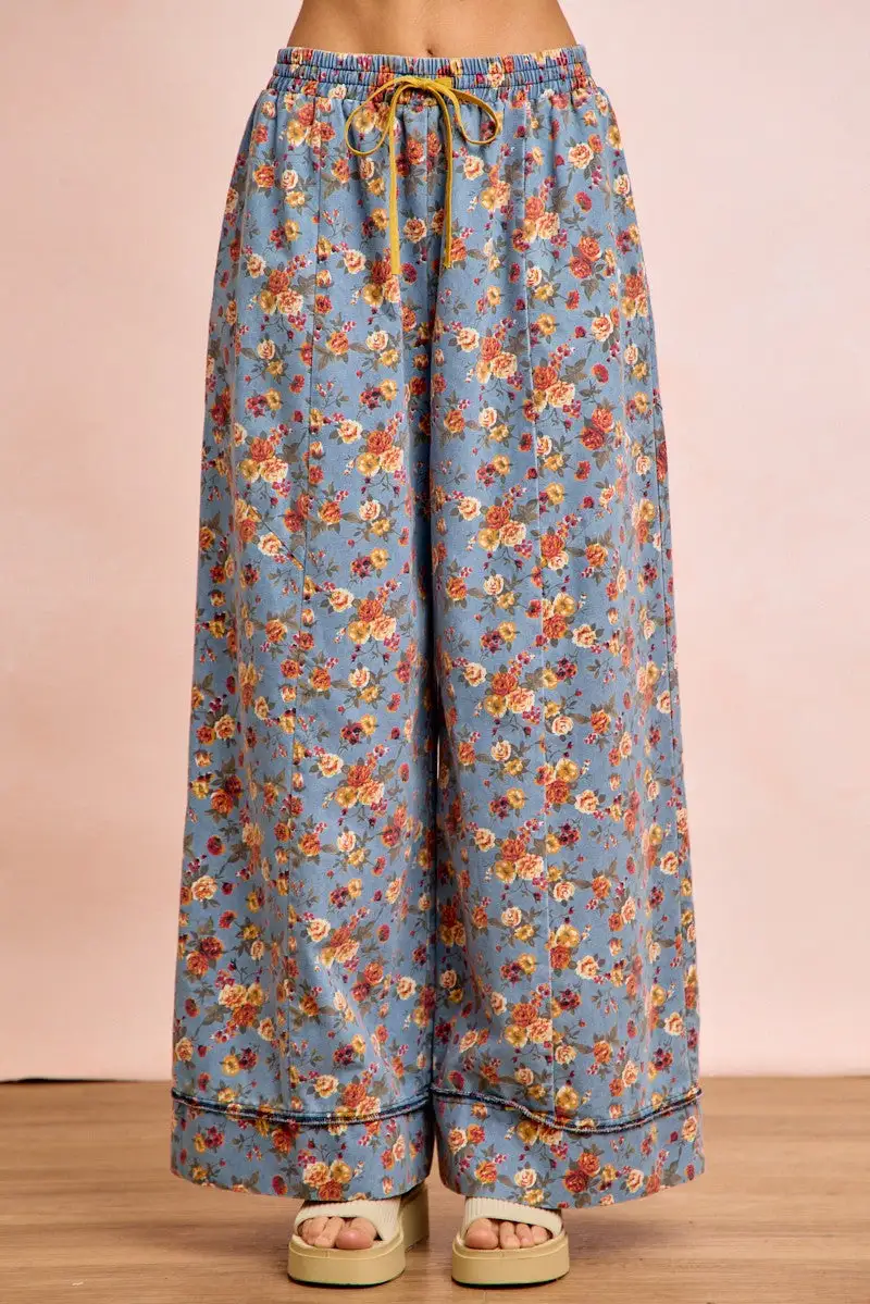 Sequin Floral Print Wide Leg Relaxed Fit Pants