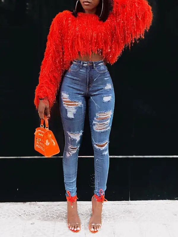 Sequin Detail Tassel Detail Openwork Round Neck Long Sleeve Sweater