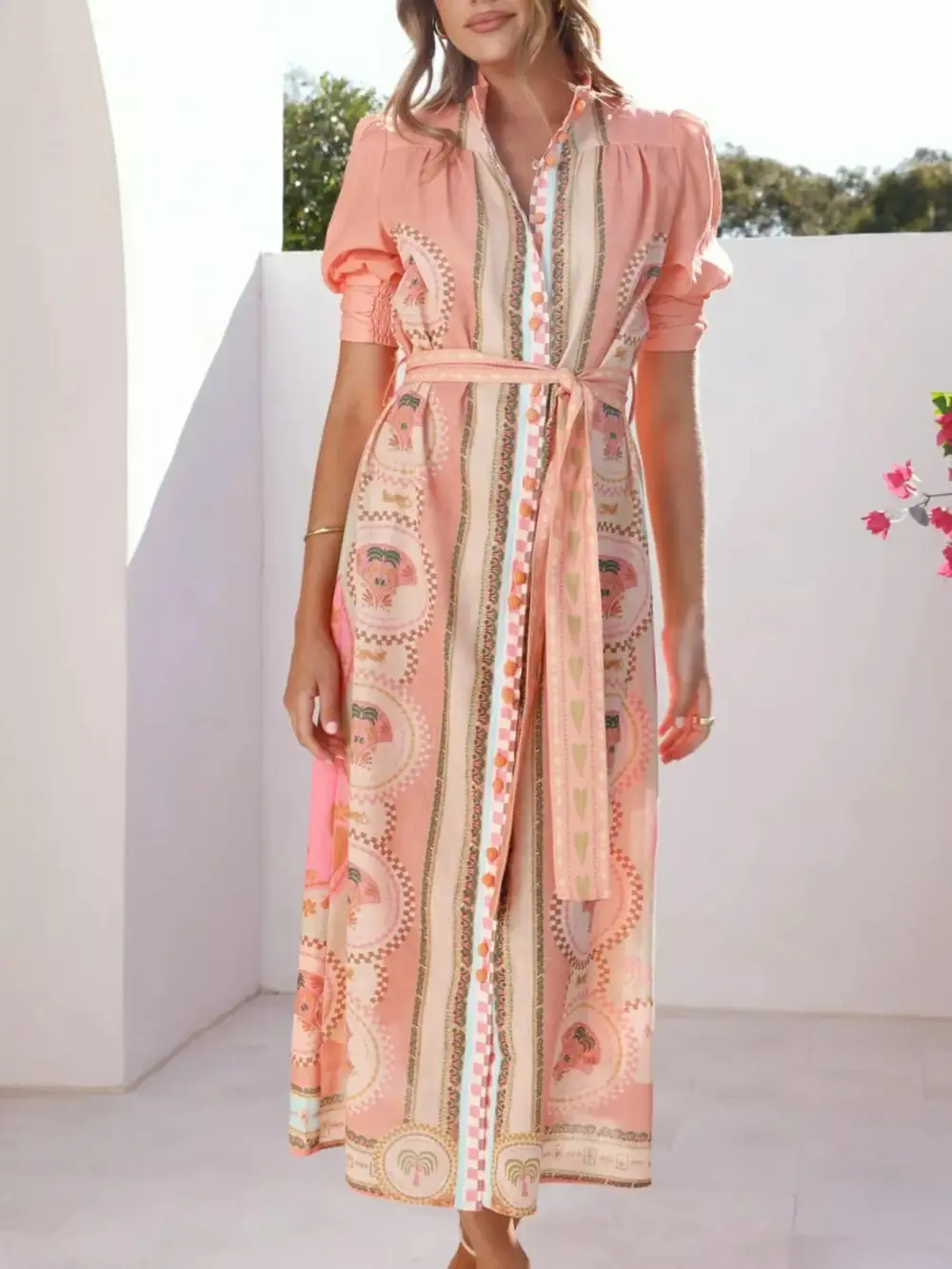 Printed Tie Waist Puff Sleeve Midi Dress