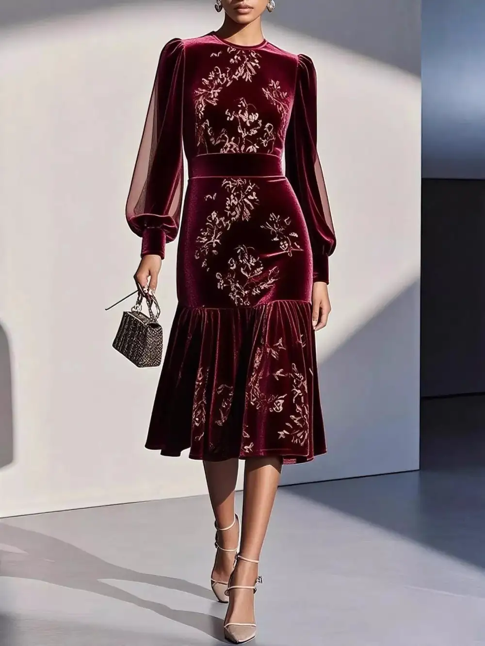 Floral Velvet Lantern Sleeve Midi Dress