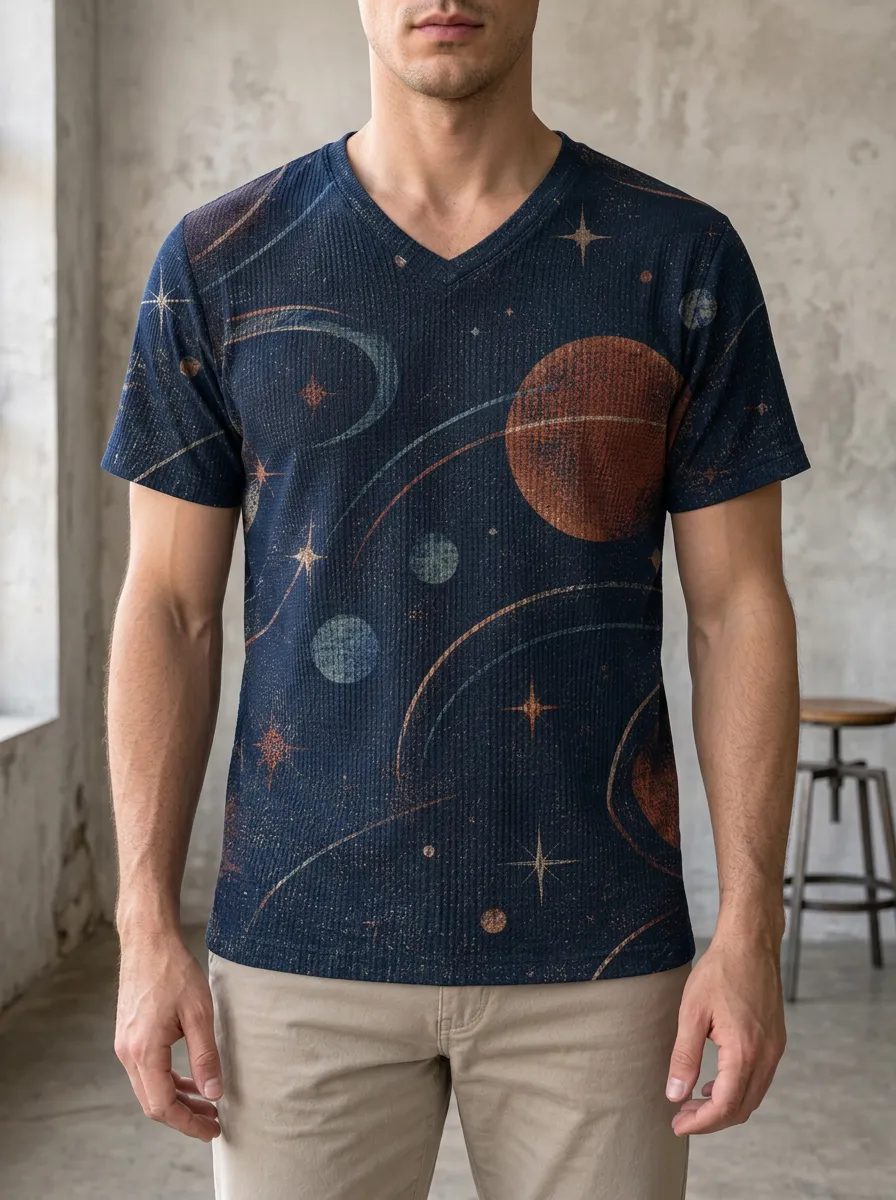 Men's Celestial Space Galaxy Planet V-Neck T-Shirt