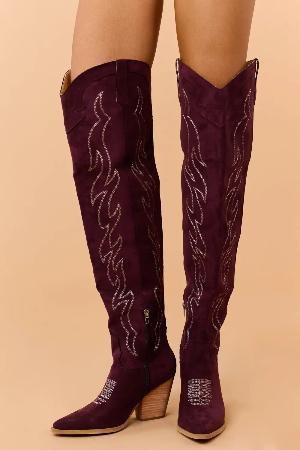Wine Faux Suede Over Knee Embroidered Western Boots