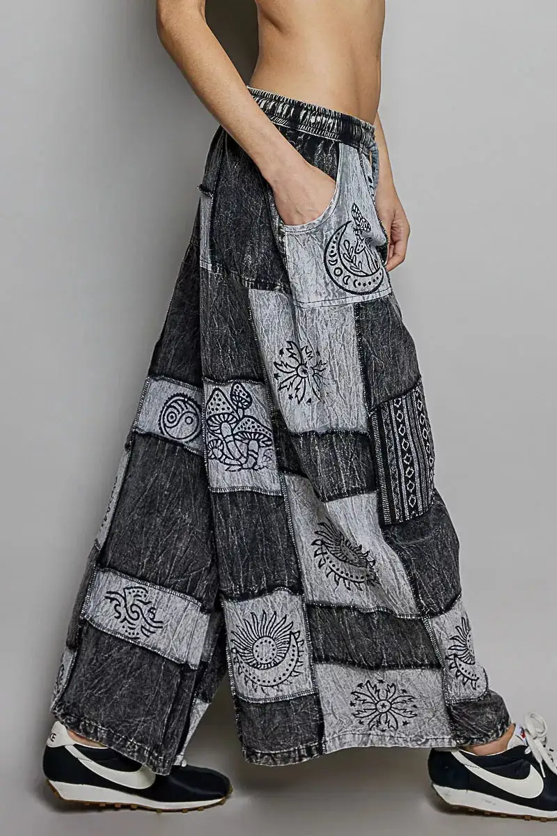 Drawstring Patchwork Wide Leg Pants