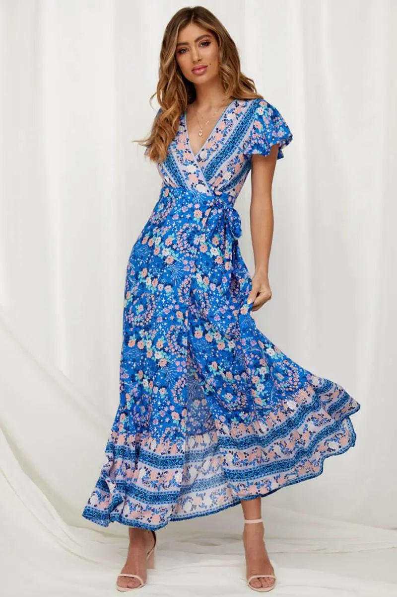 Short Sleeve Boho Floral High Split Maxi Dress
