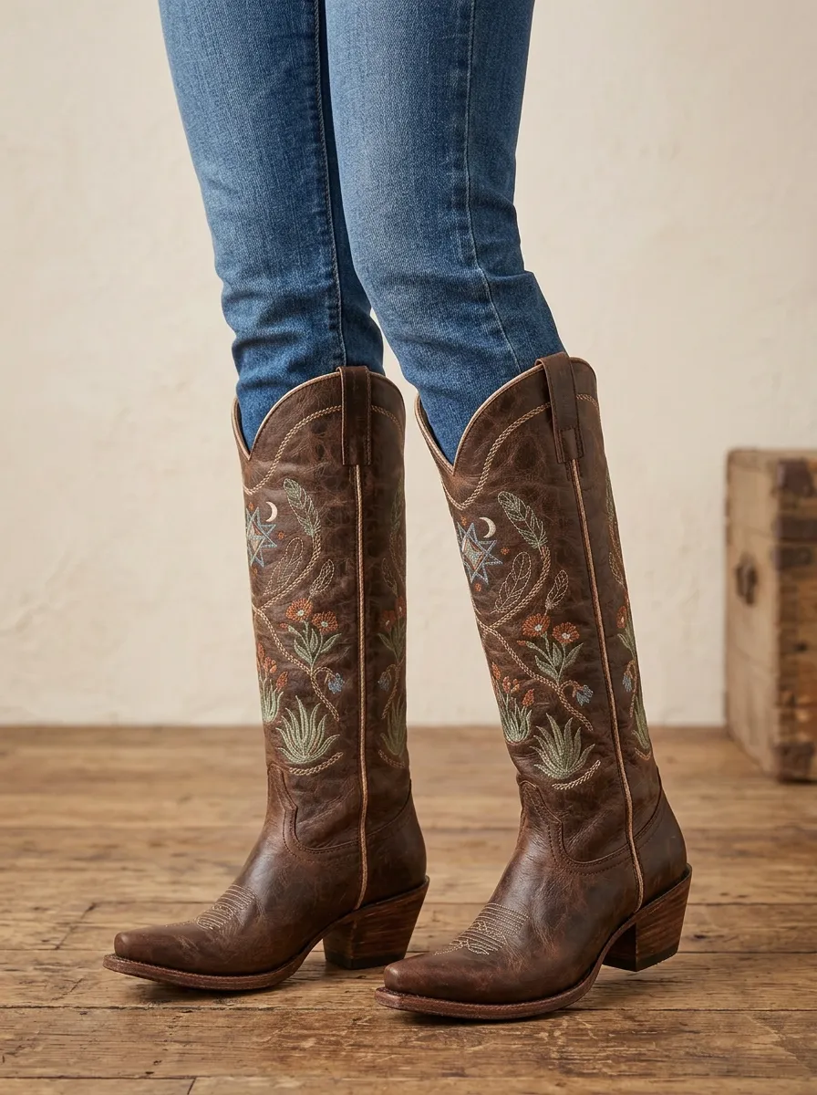 Women's Western Floral Wing Feather Embroidered Piped Block-Heel Denim Over-the-Knee Boots