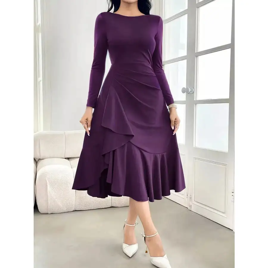 Ruffle Hem Long Sleeve Midi Dress