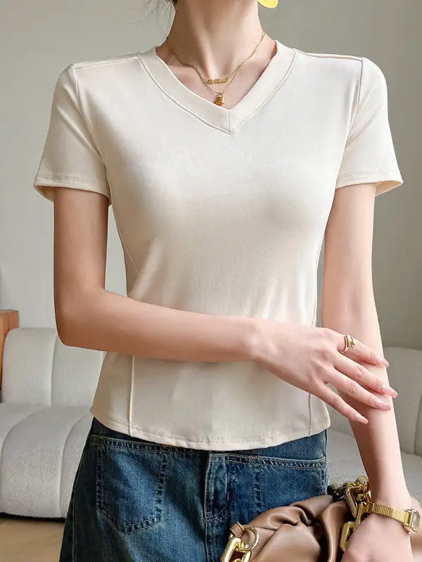 Short Sleeve Slim Fit Panel Detail V-Neck T-Shirt