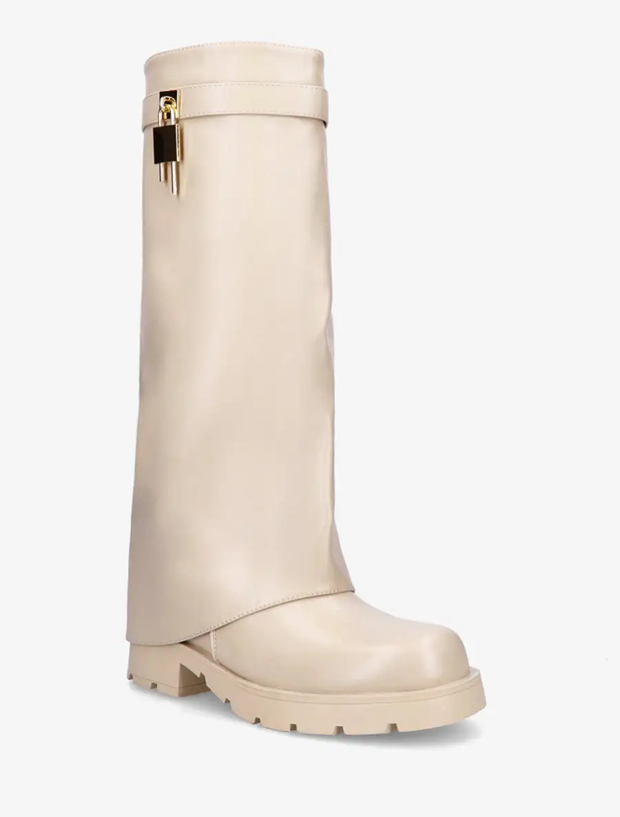 Contemporary Block Heel Fold-Over Faux Leather Knee High Boots