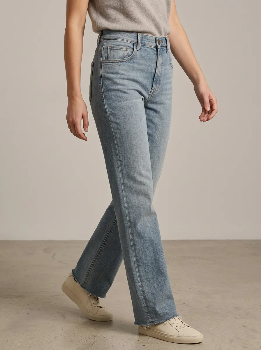 Polished Straight-Leg Raw-Hem Washed Denim Jeans