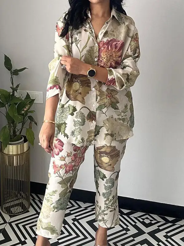 Long Sleeve Buttoned Floral Print Blouse And Pants Set