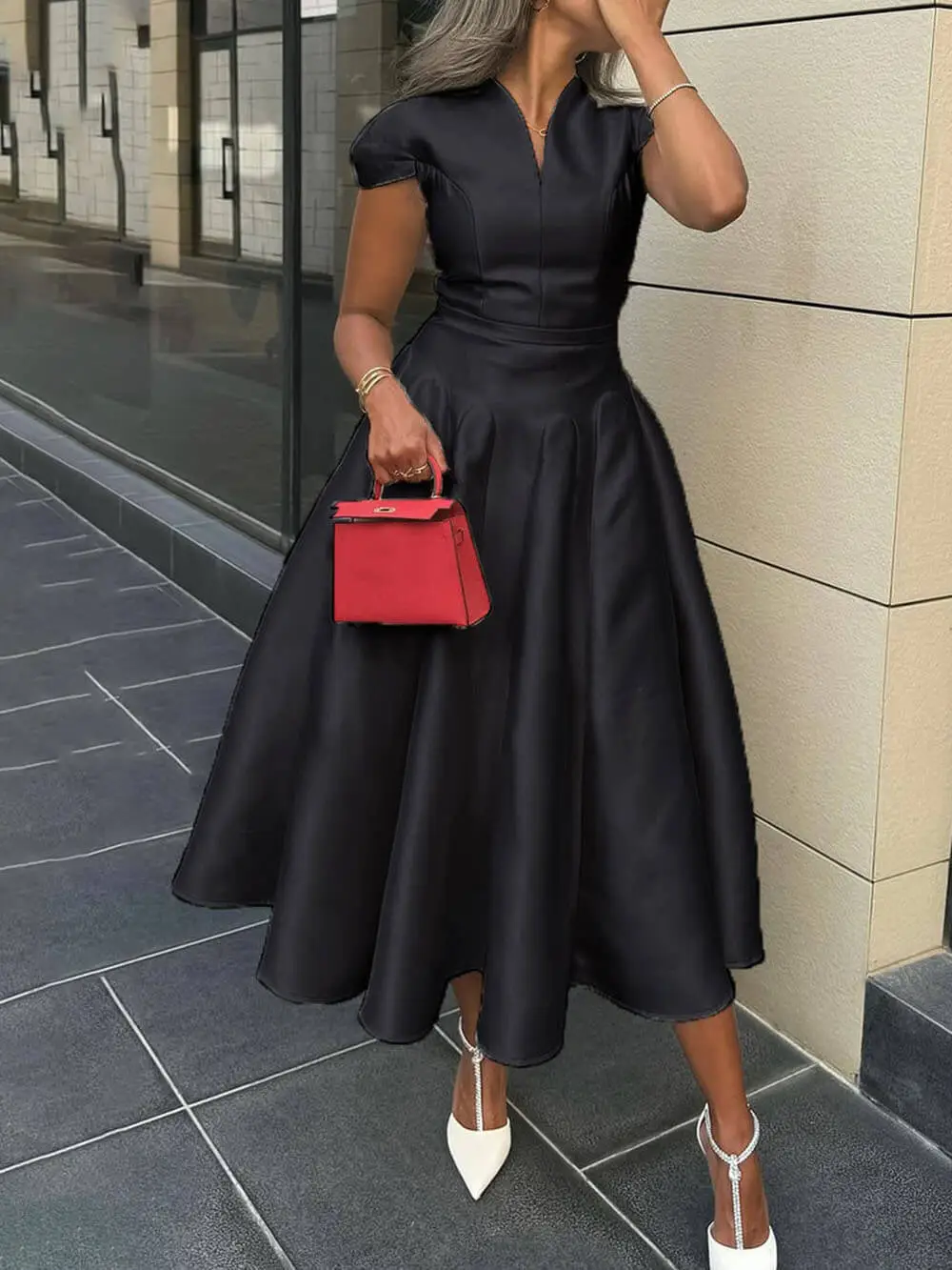 Elegant Pleated V Neck Waisted Flared Midi Dress