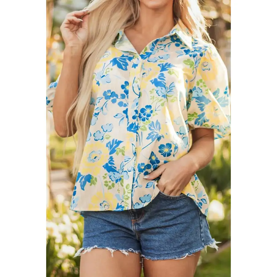 Printed Puff Sleeve Button Down Summer Shirt