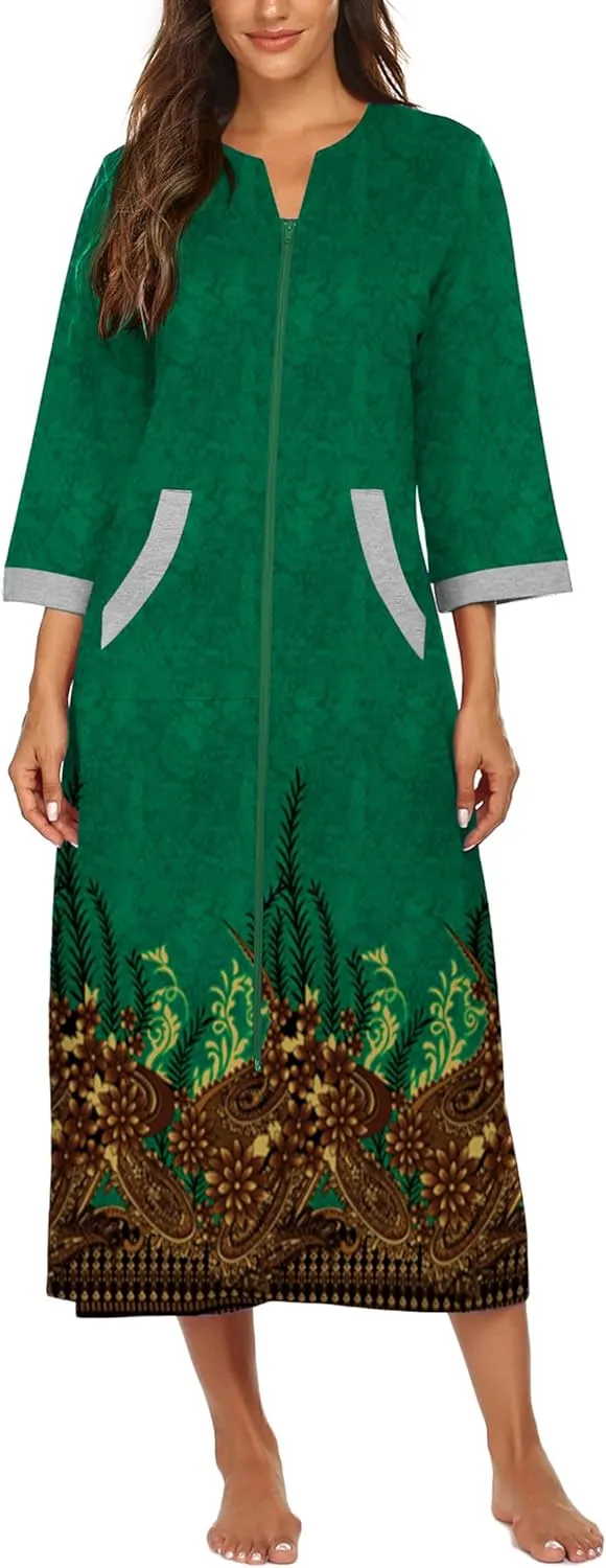 50% OFF Women Zipper Robe 3/4 Sleeves Loungewear Dress Full Length Sleepwear Pockets Housecoat Nightgown Long Bathrobe