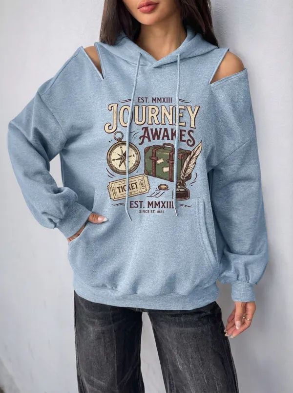 Women's Travel Lover Journey Awakes Compass Suitcase Printed Hoodie