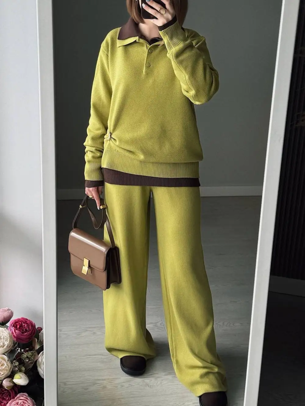 Polo Collar Top and Pants Or Skirt Knit Set